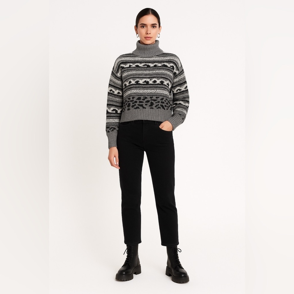 John + Jenn Cropped Chunky Turtleneck Sweater Gray White Black Striped‎ XL